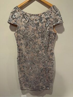 Calvin Klein Silver Blush Sequin Paisley Sheath Dress Special Occasion Sz 16